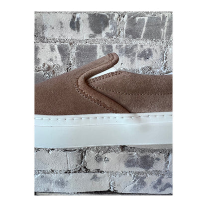 Men's Diemme Garda Suede Low Slip-On shoes in taupe with a sleek, casual design and comfortable slip-on style.