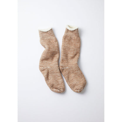 Men's double-face crew socks by Rototo in camel color, featuring a soft, double-layer design with a comfortable fit.