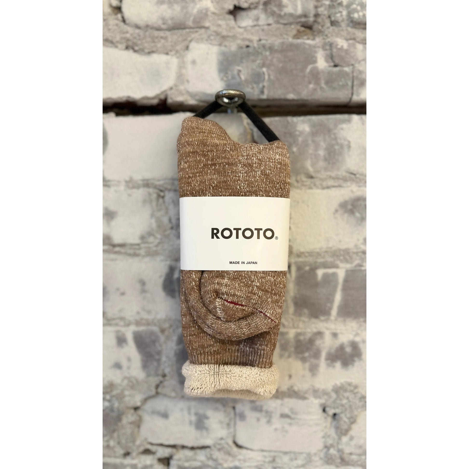 Men's Double-Face Crew Socks by Rototo in camel color, showing the soft, double-faced fabric and comfortable fit.