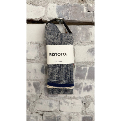 Men's navy double face organic cotton mini crew socks by Rototo, showing the textured double face fabric and ribbed cuff design.
