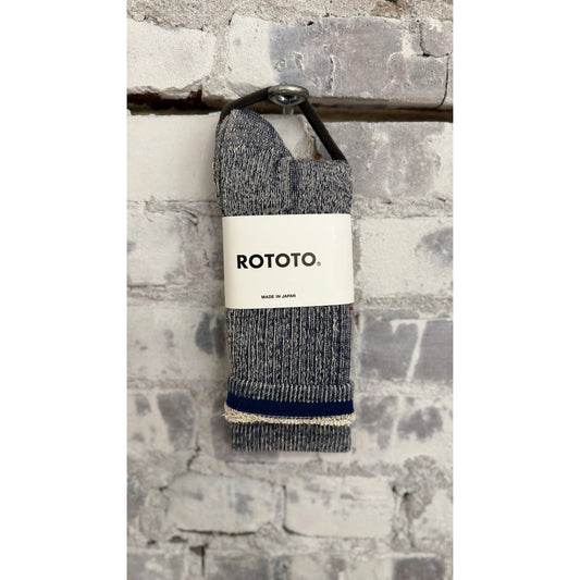 Men's navy double face organic cotton mini crew socks by Rototo, shown laid flat with detailed knit texture.
