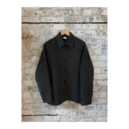 Women's double faced wool shirt jacket in charcoal by Aspesi, showing the cozy, tailored design with front buttons and soft fabric.