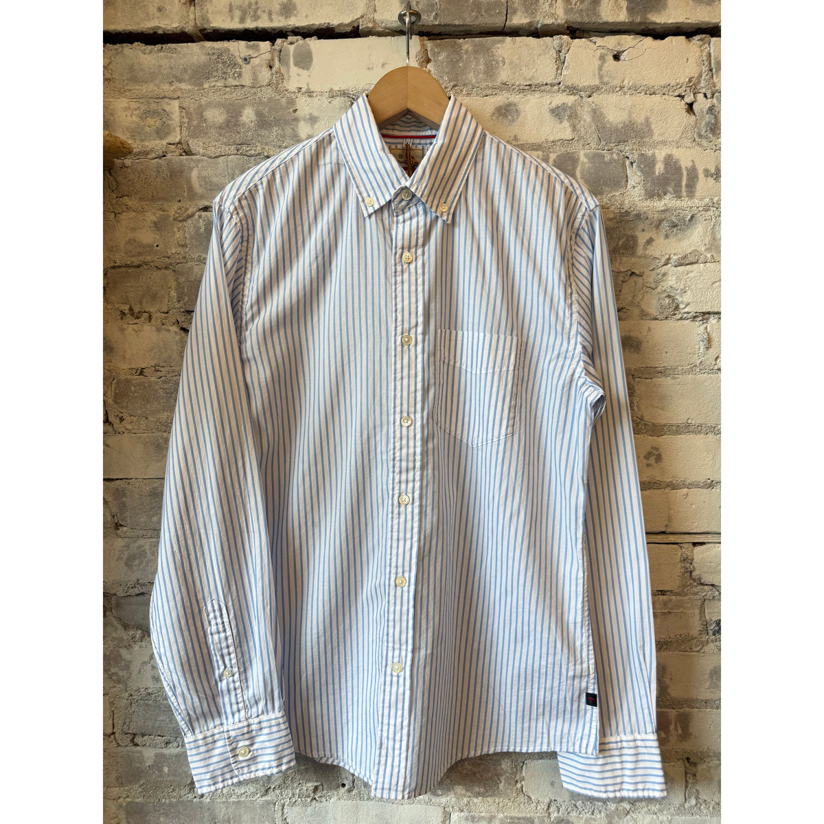 Men's Dress Blues shirt by Relwen featuring a white fabric with blue dobby stripe pattern, long sleeves and button-down design.