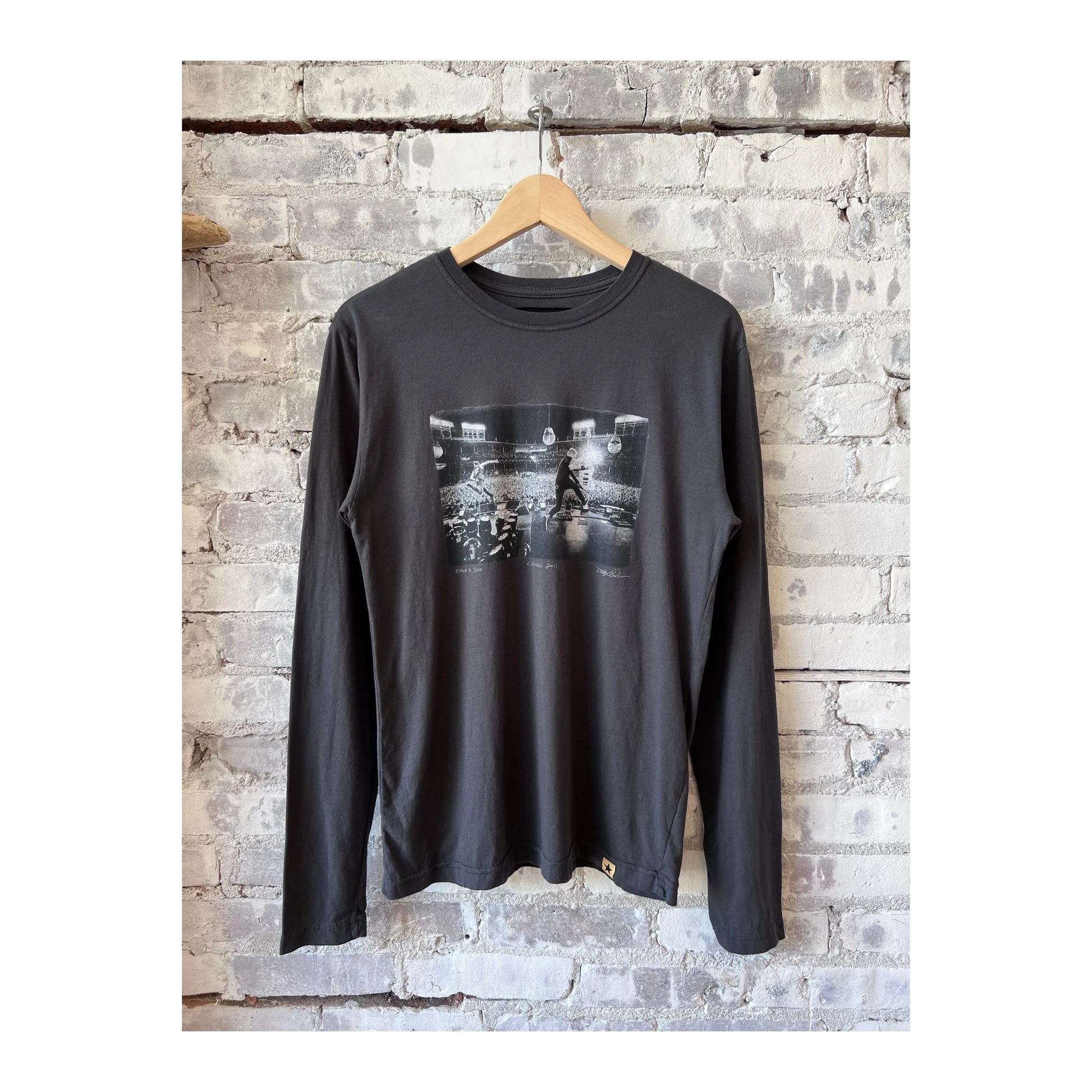 Men's faded black long-sleeve T-shirt by Danny Clinch featuring "Eddie and Jeff" graphic on the front.