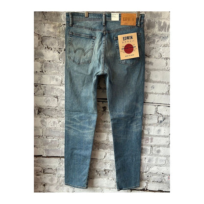 Men's Aomori Regular Tapered Denim by Edwin, showcasing dark indigo tapered jeans with subtle fading and classic five-pocket design.