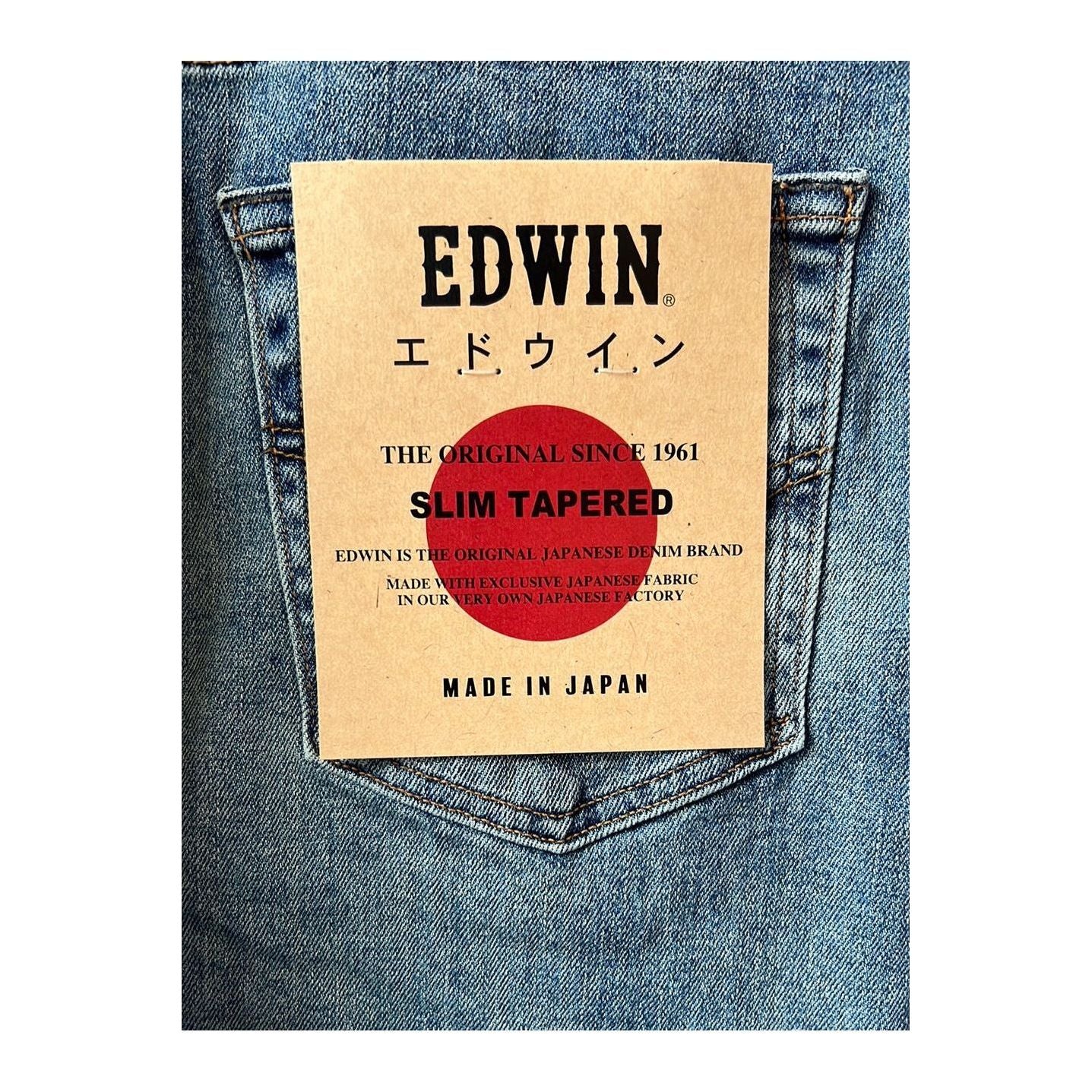 Men's Edwin Aomori Slim Taper Denim jeans in Raito color, showing the fit and detailed stitching on the front and back.
