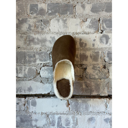 Women's Ella Suede and Lambswool Clog in Umber and White Wool by Kunsten Clogs, featuring a cozy, stylish slip-on design.