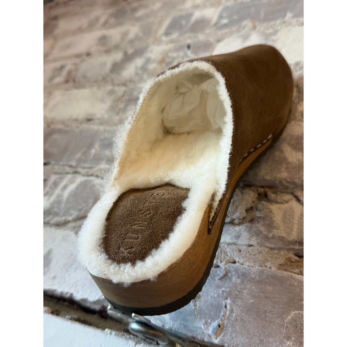 Women's Ella Suede and Lambswool Clog by Kunsten Clogs in umber with white wool accents, showcasing the stylish slip-on design.