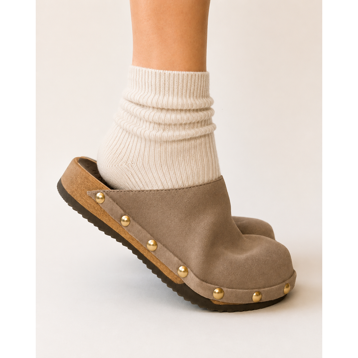 Ella Taupe Suede Studs styled with socks