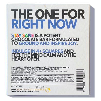 Eat Gold Organics Stay Sane chocolate bar, a potent and delicious chocolate accessory with rich texture and appealing appearance.