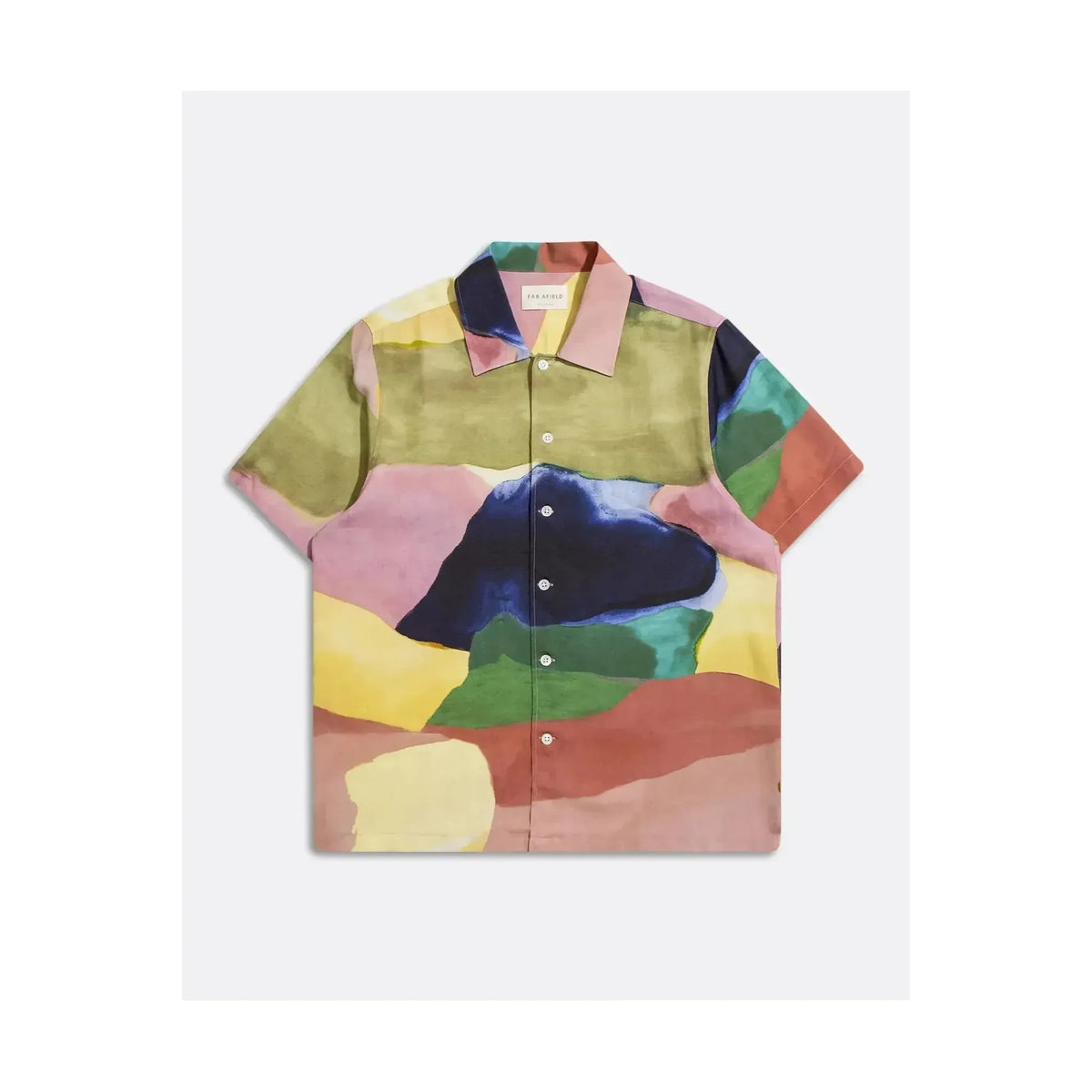 Men's Busey Shirt by Far Afield featuring a landscape print, with a relaxed fit and button-up design in natural fabric.