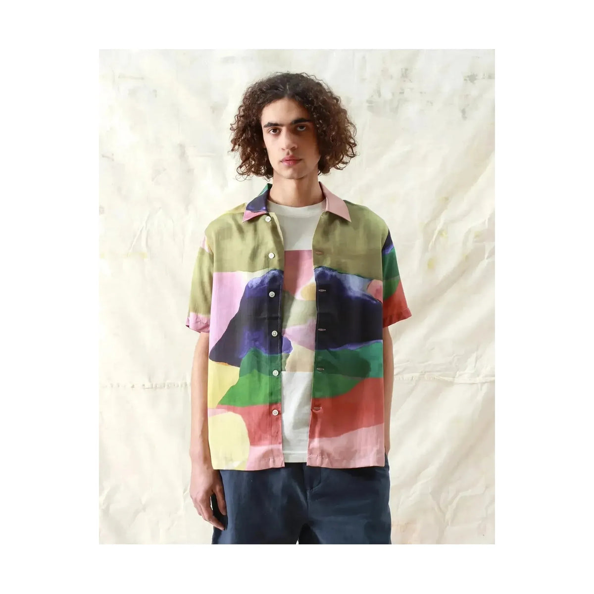 Men's Busey Shirt by Far Afield featuring a landscape print, casual fit, and lightweight fabric, ideal for everyday wear.
