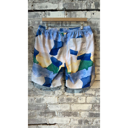 Men's printed swim shorts by Far Afield with a landscape pattern, featuring lightweight fabric and adjustable waistband.