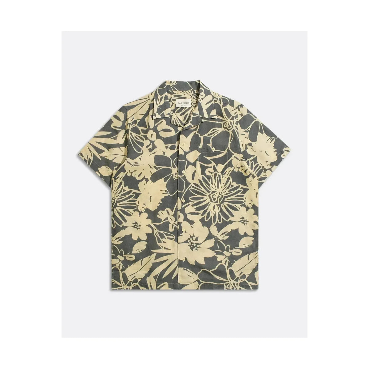 Men's charcoal grey foliage print Selleck shirt by Far Afield, featuring a stylish button-up design and natural foliage pattern.