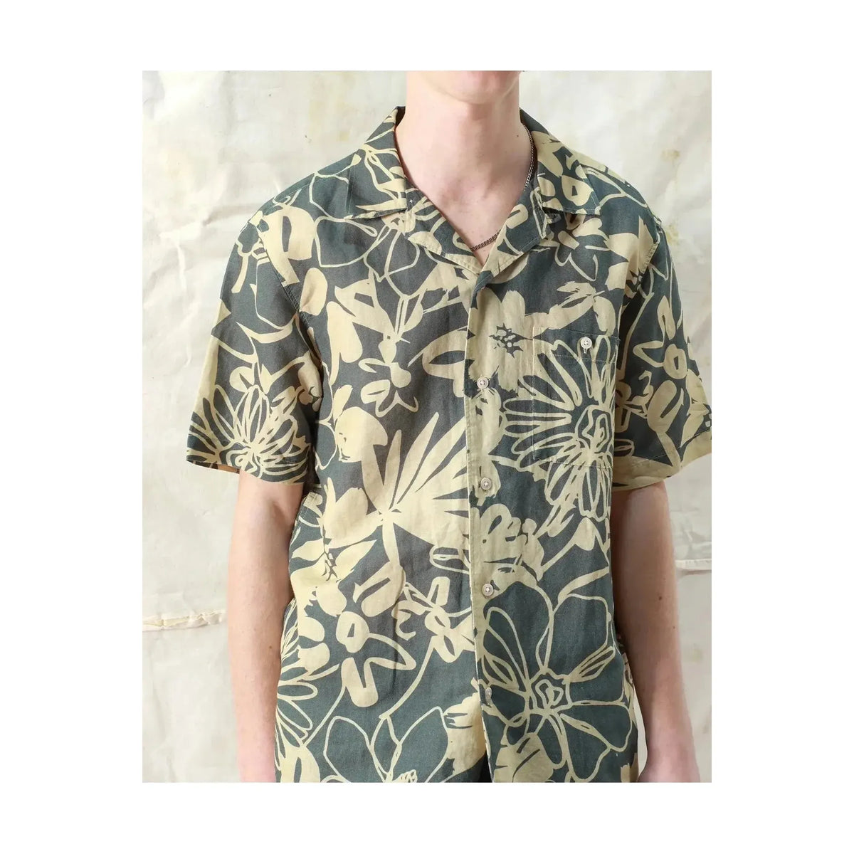 Men's charcoal grey foliage print Selleck shirt by Far Afield, featuring a stylish pattern and tailored fit.
