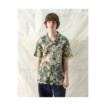 Men's Selleck shirt by Far Afield in charcoal grey with foliage print, featuring a casual fit and button-down design.