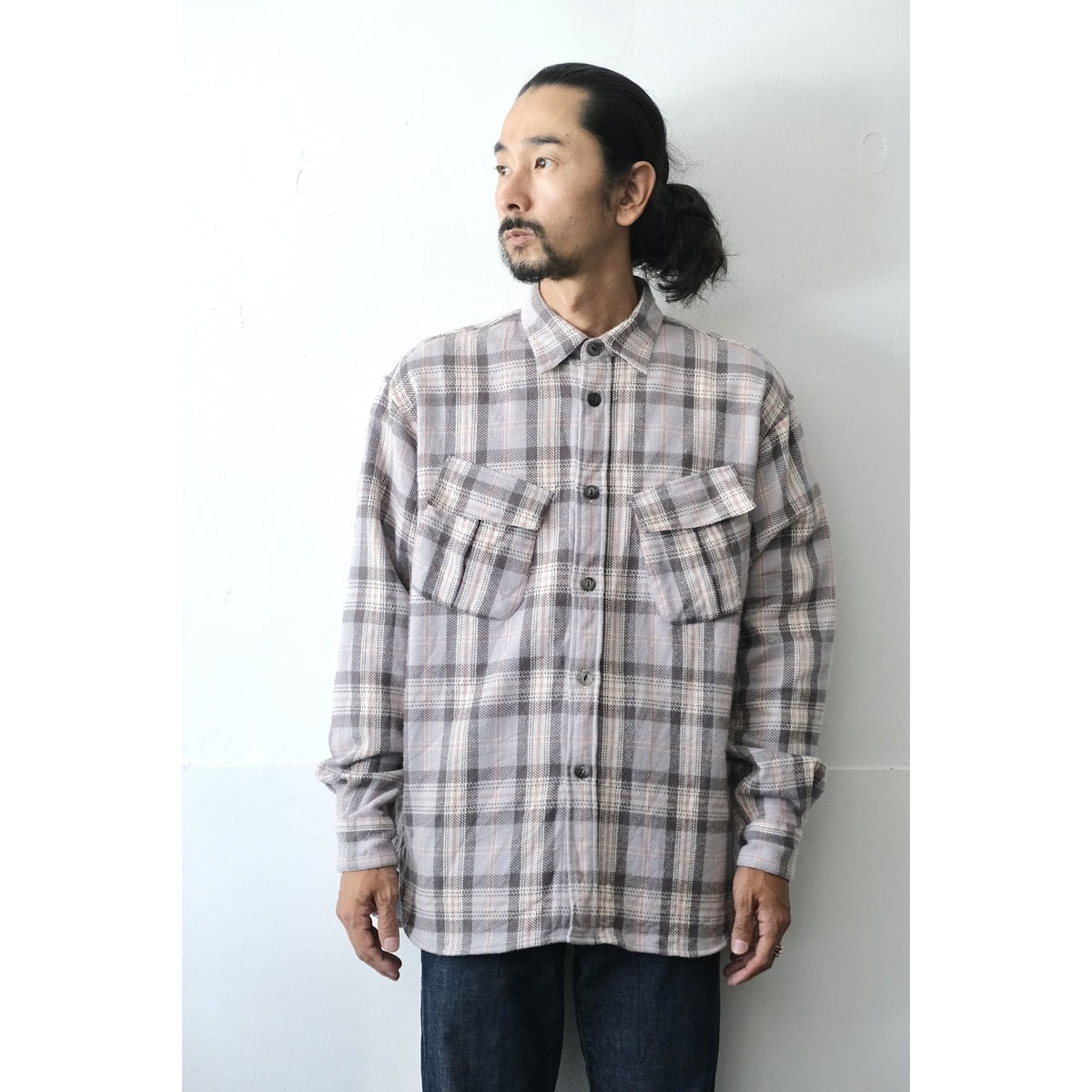 Men's blue check fatigue flannel shirt by Fujito, featuring a classic plaid pattern and comfortable fit.