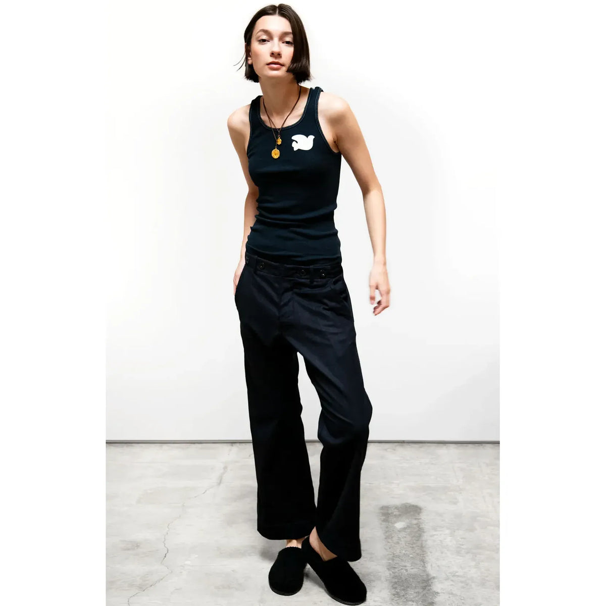 Women's FAVOLAMOVE Cashmere Blend French Sailor Pants in Deeply Navy by Freecity, showing the relaxed fit and navy fabric.