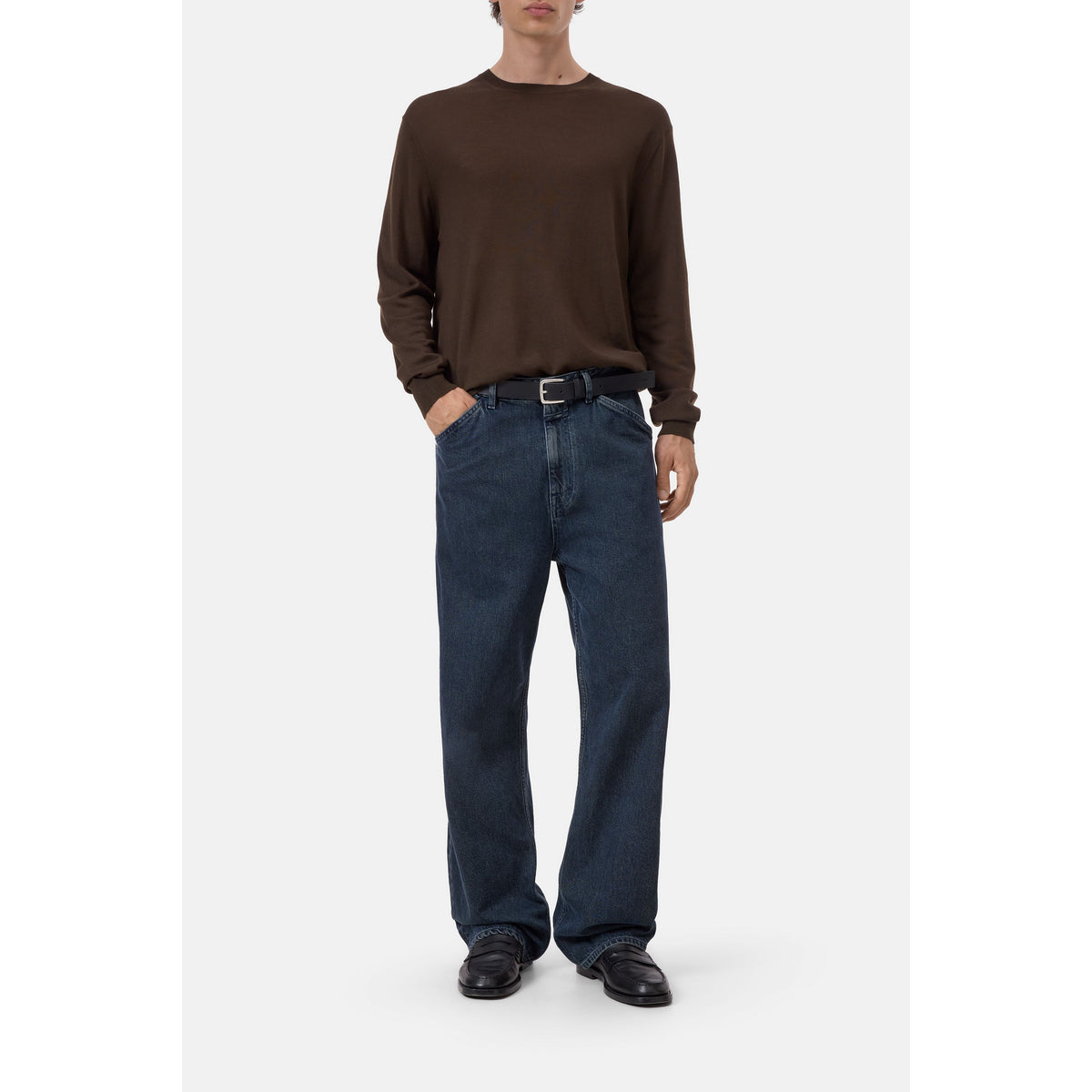 Men's espresso brown fine-knit crewneck jumper by Closed Men's, showing close-up of soft knit fabric and classic fit.