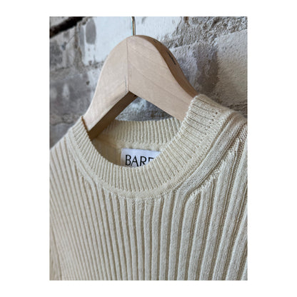 Women's Bare Knitwear Fine Knit Rib Top in pearl color, close-up view of soft, ribbed knit fabric and stylish fit.