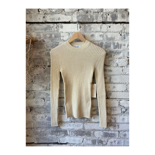 Women's Bare Knitwear Fine Knit Rib Top in pearl color, close-up of soft, textured knit fabric with ribbed pattern.