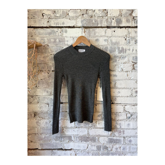 Women's Bare Knitwear fine knit rib top in stone color, close-up of textured ribbed fabric and neckline detail.
