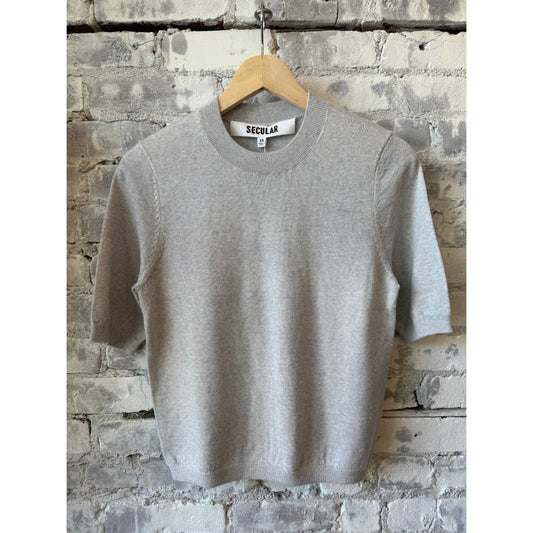 Women's fitted crew sweater in Heather Grey by Secular, showing a close-up of the cozy, snug fit and soft knit fabric.