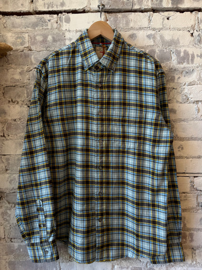 Men's Relwen Flyweight Flannel in Pale Blue and Brown Multi, showing the lightweight fabric and classic plaid pattern.