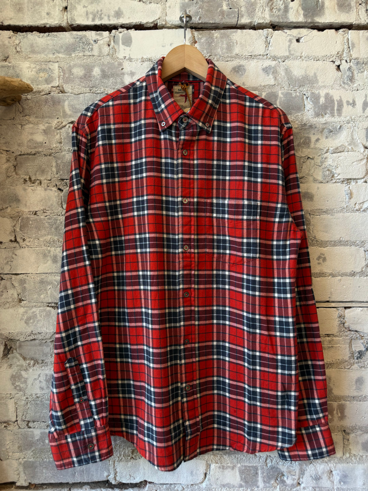 Men's Flyweight Flannel shirt by Relwen in red and navy plaid, featuring a lightweight, comfortable fabric with classic plaid pattern.