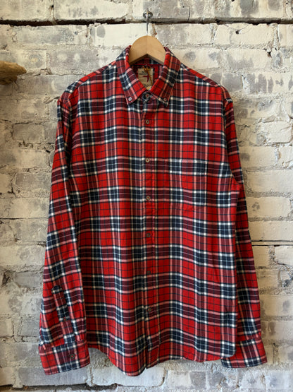 Men's Flyweight Flannel shirt by Relwen in red and navy plaid, featuring a lightweight, comfortable fabric with classic plaid pattern.