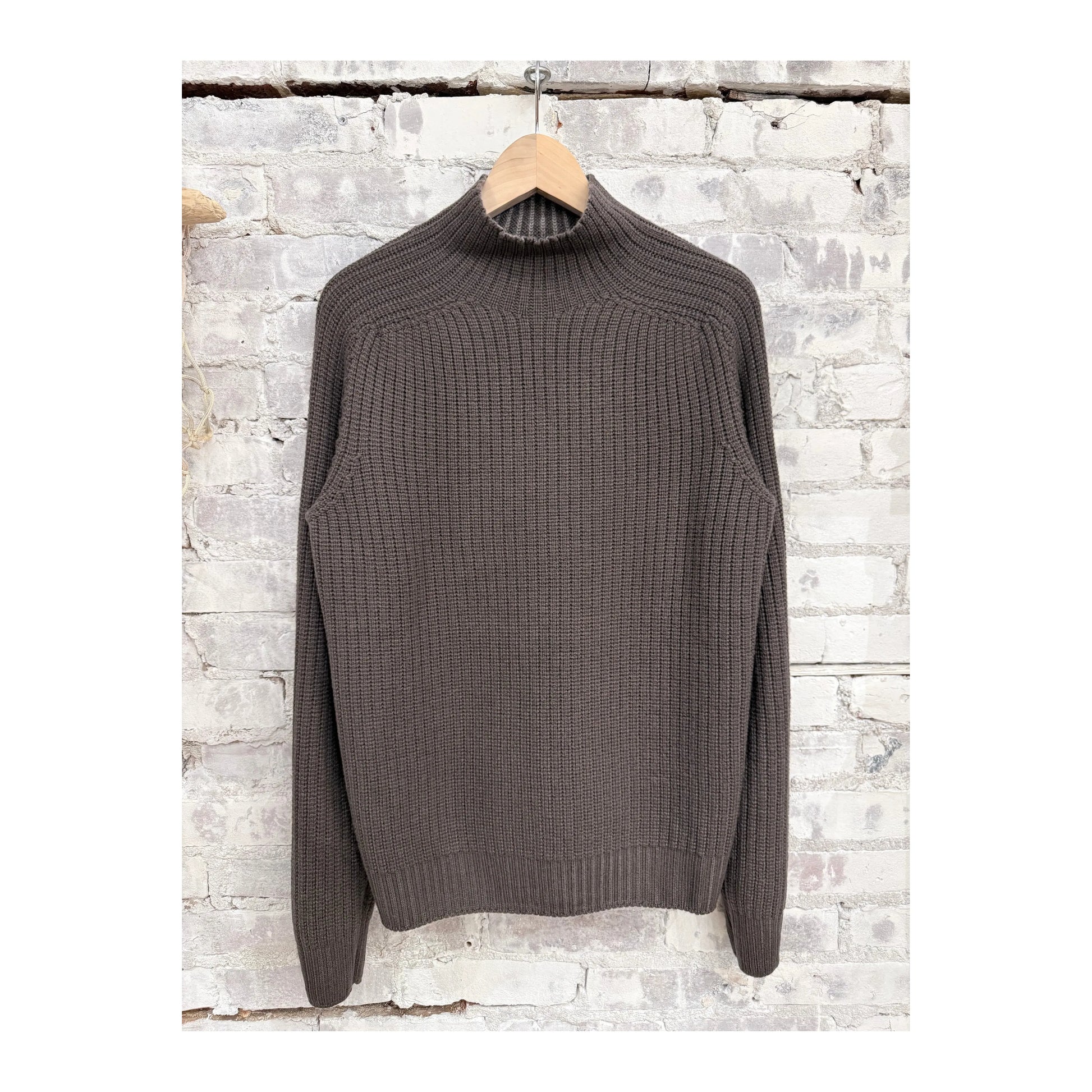 Men's taupe Foggy Mock Jumper by 04651, showcasing a cozy, textured knit sweater with a mock neckline and casual fit.
