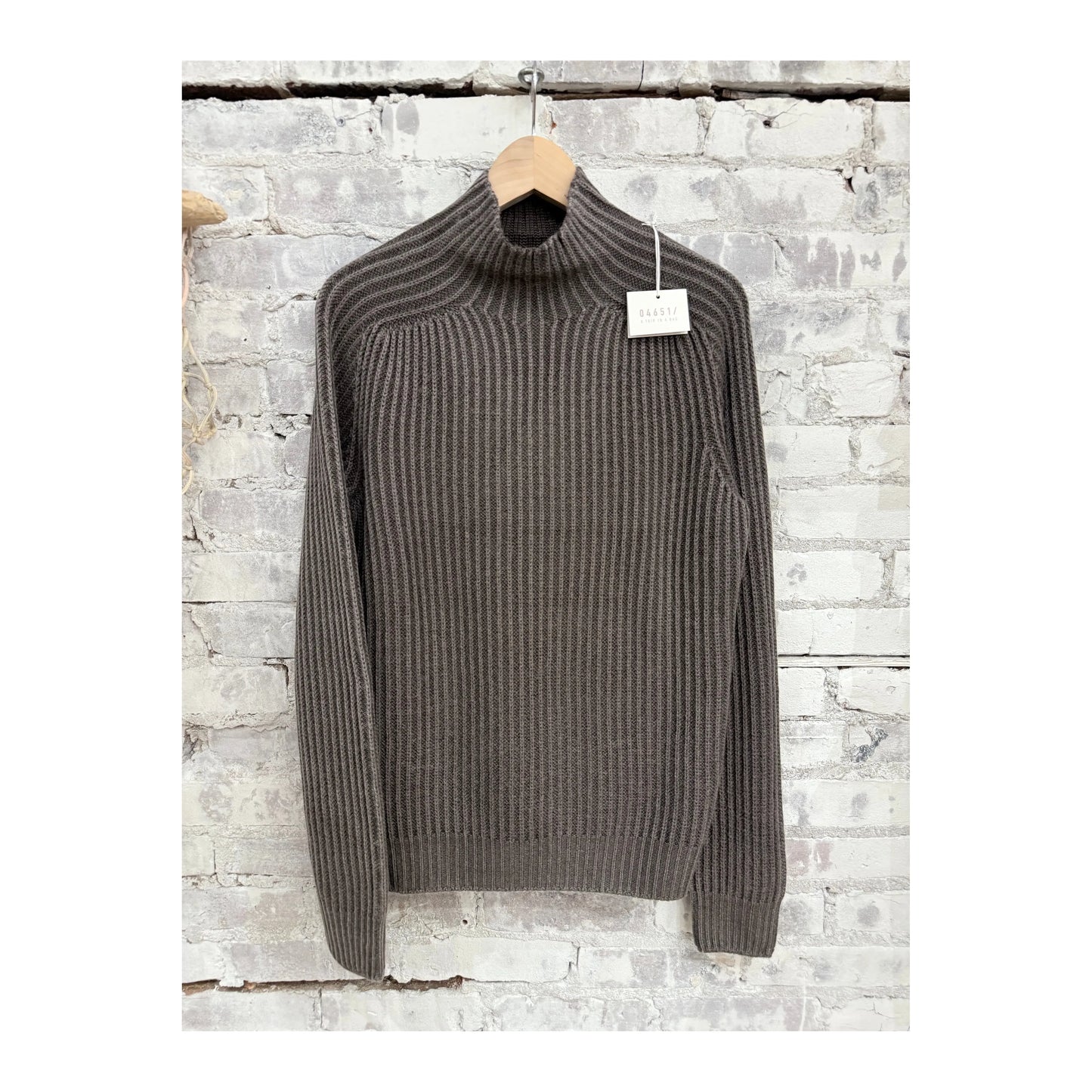 Men's taupe Foggy Mock Jumper by 04651, featuring a cozy, textured knit design and a classic crew neck style.
