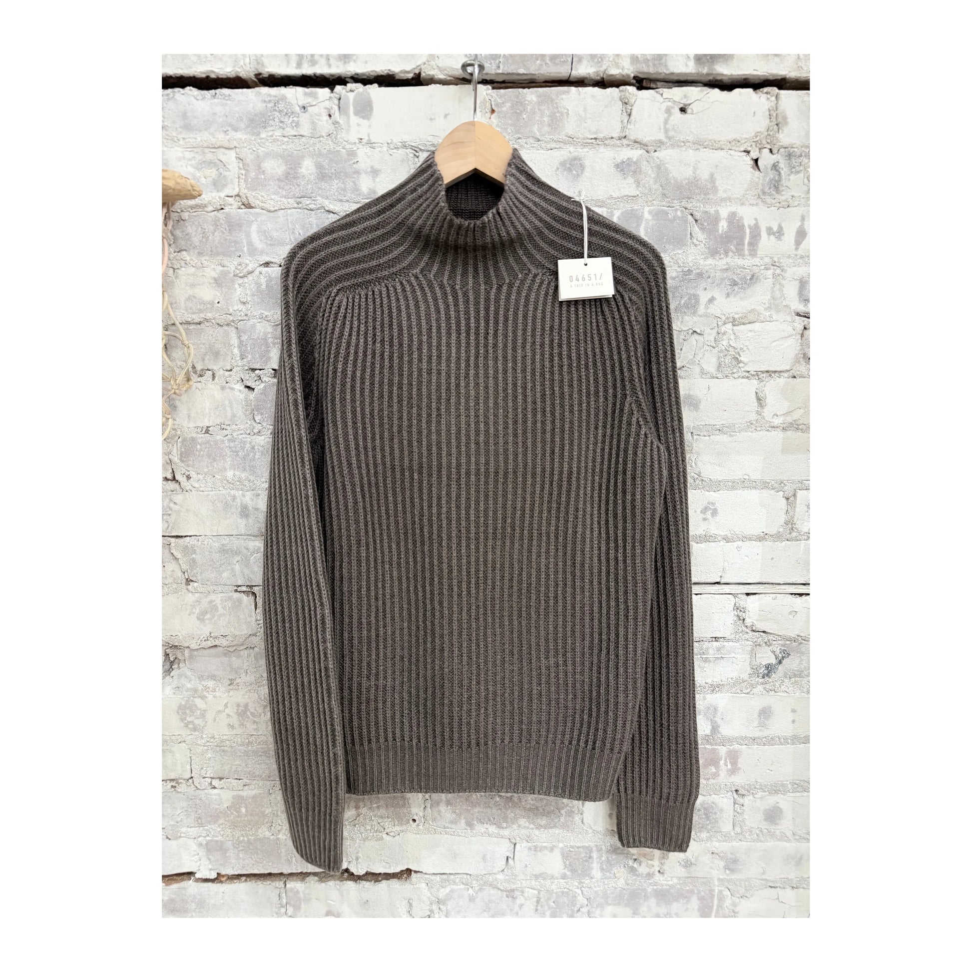 Men's taupe Foggy Mock Jumper by 04651, featuring a cozy, textured knit design and a classic crew neck style.