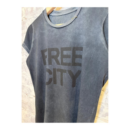 Women's Freecity "the doing of it is the being of it" vintage-style short sleeve tee in volcano powder, featuring a relaxed fit and graphic print.