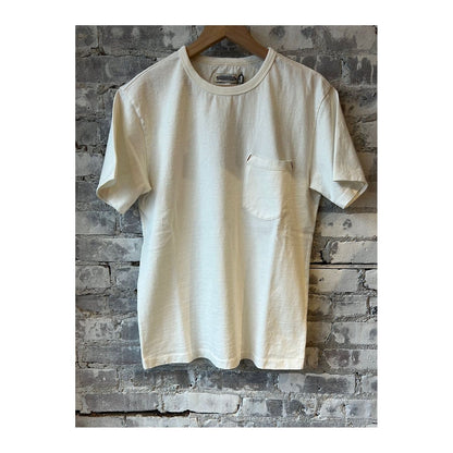 Men's white 13-ounce pocket T-shirt by Freenote Cloth, featuring a classic fit and durable cotton fabric.