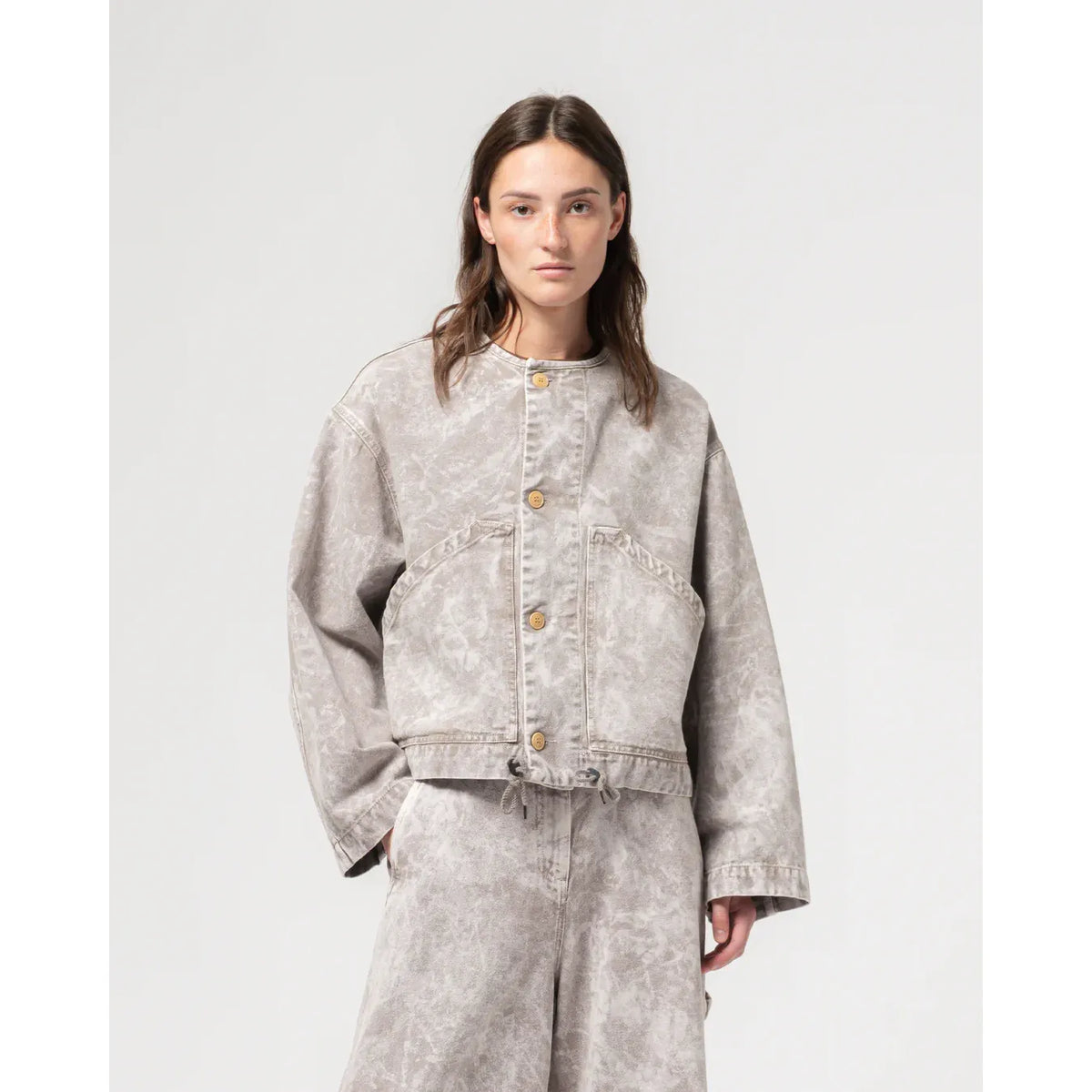 Women's G.O.D. Nuclear Canvas Jacket in grey marble with a stylish, textured fabric and modern design.