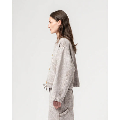 Women’s G.O.D. Nuclear Canvas Jacket in grey marble with a modern, textured design, stylishly displayed on a hanger.