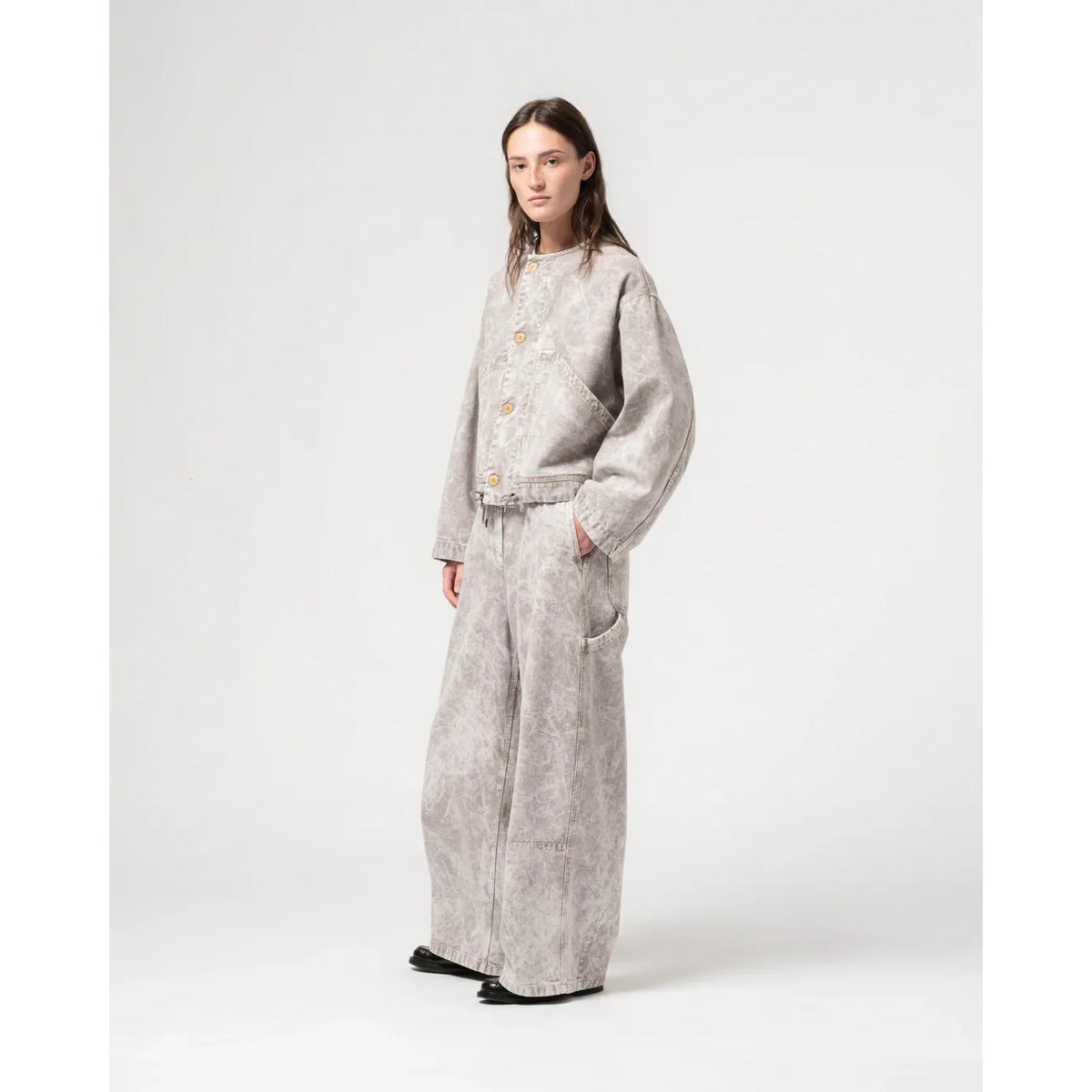 Girls of Dust Women's G.O.D. Nuclear Canvas Jacket in grey marble with a stylish, textured design.