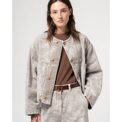Girls of Dust G.O.D. Nuclear Canvas Jacket for women in grey marble, featuring a stylish oversized design and textured fabric.