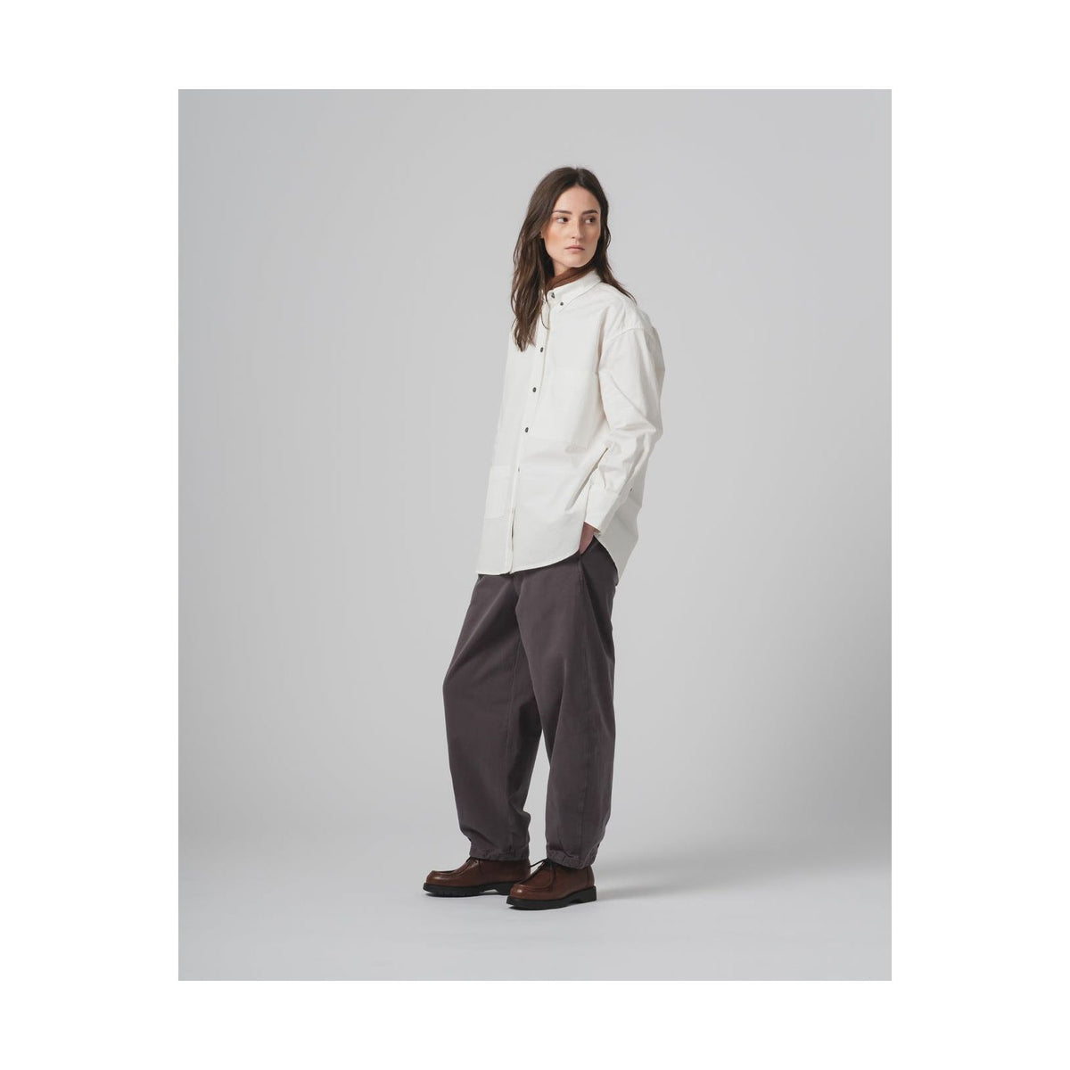 Women's G.O.D Pasha Satin Gabardine Pant in Asphalt by Girls of Dust, featuring sleek satin gabardine fabric and tailored fit.