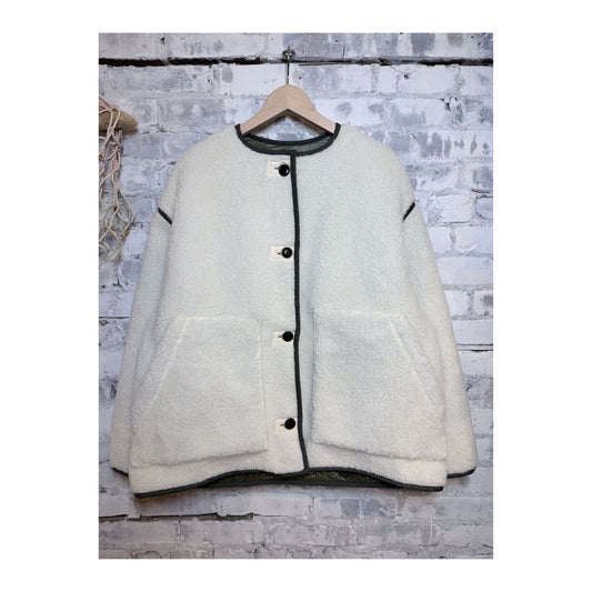 Girls of Dust G.O.D Solar Piumino nylon jacket for women in fossil and off-white, showing the lightweight, quilted design.
