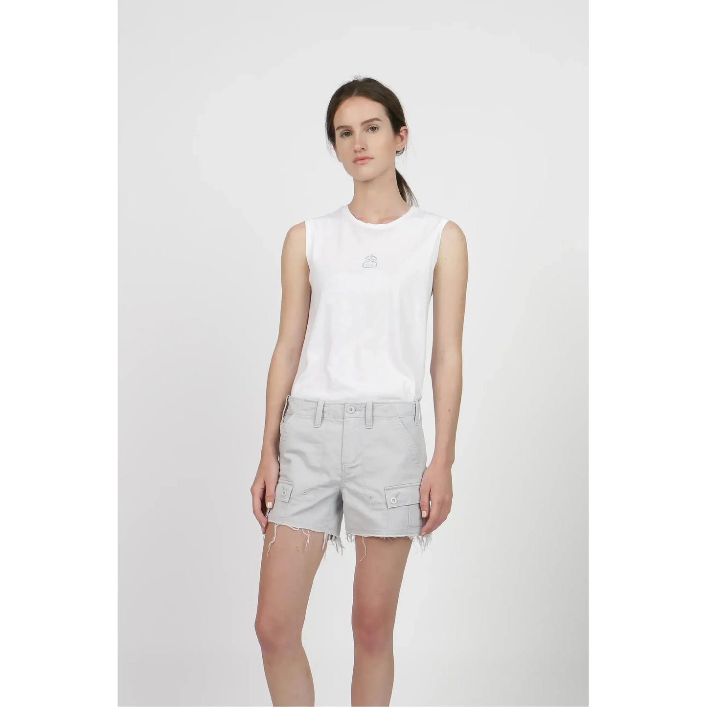 Women's white drill shorts by G1 Women's, casual summer style, front view showing fitted waistband and clean fabric.