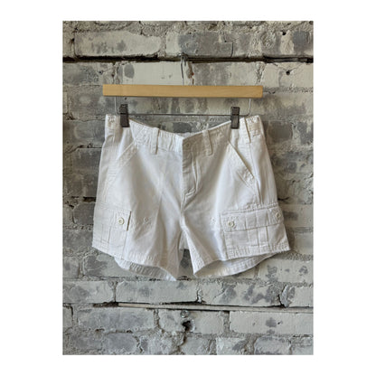 Women's white drill shorts by G1 Women's, showing a stylish casual fit with front pockets and a comfortable waistband.