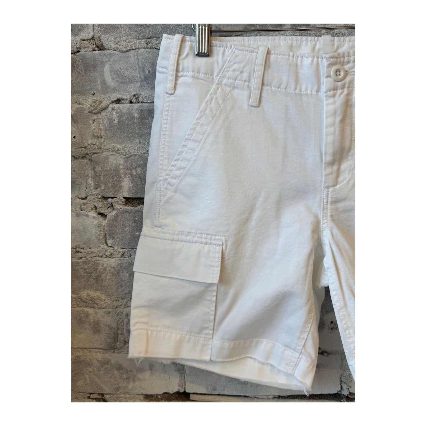 Women's white surplus cargo shorts by G1 Women's, showing the relaxed fit, multiple pockets, and casual style.