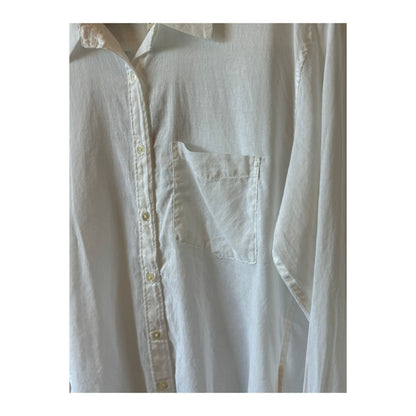 White women's Airy Shirt by G1 Women's, lightweight fabric with a relaxed fit, displayed on a hanger.