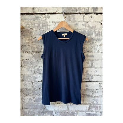 Women's navy muscle tank top by G1 Women's, fitted style with sleeveless design and breathable fabric.