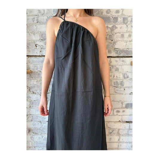 Black women's gathered asymmetrical dress by Closed Women's, featuring a stylish draped design and unique asymmetric hem.