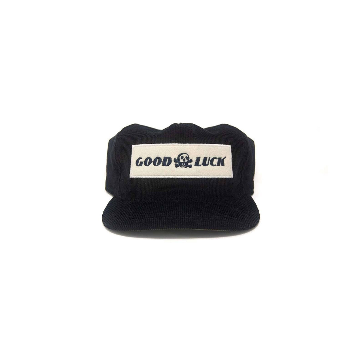 Black snapback hat with "Good Luck" embroidered patch, branded by The Ampal Creative, accessories, casual headwear.