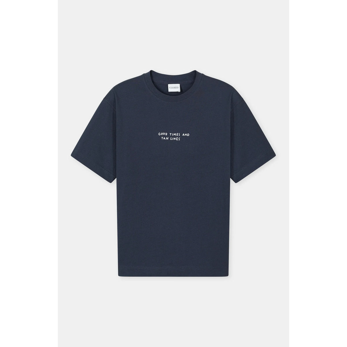 Men's black organic cotton T-shirt from Closed Men's "Good Times and Tan Lines" collection, shown on a model.