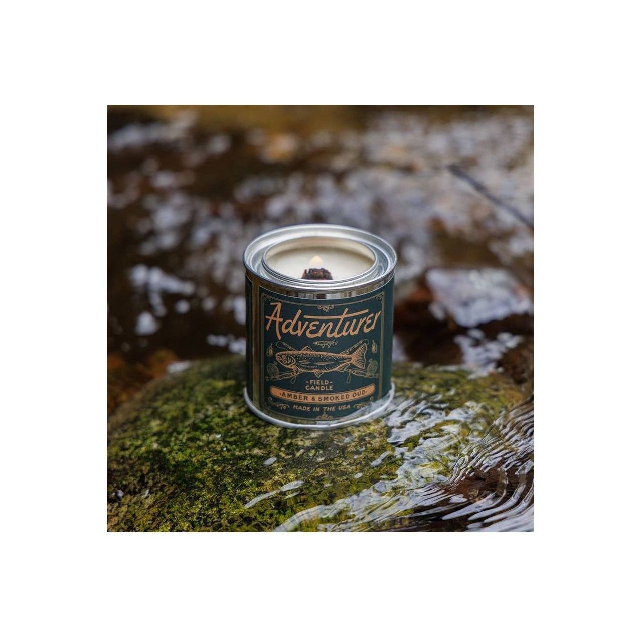 Adventurer Field Candle by Good & Well Supply Co. in a rustic holder, perfect for home décor and ambient lighting.